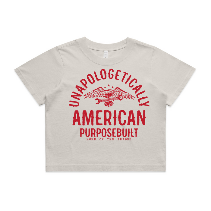 Women's Unapologetically American cropped short sleeve tee in faded bone, main product view