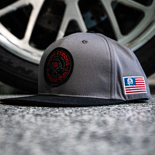 Union Strong flat brim snapback cap in grey and black, alternate product view of the hat
