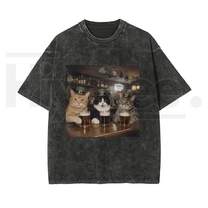 Unisex Cat Shamrock Vintage Washed T-Shirt – St. Patrick’s Day Graphic Tee