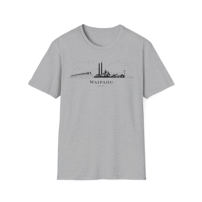 Gray  t-shirt with minimalist line drawing of Waipahu, Hawaii.