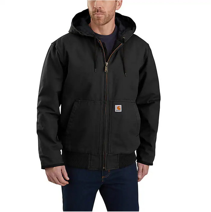 Carhartt washed duck insulated active jacket in black, hooded, big and tall sizes