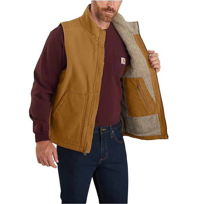 Carhartt washed duck sherpa lined vest in brown, additional view of the sherpa lining