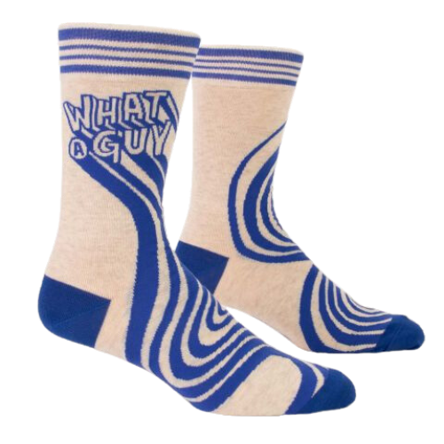 What a guy Men's Socks. Super cool blue lines in swirls with a cream back ground.