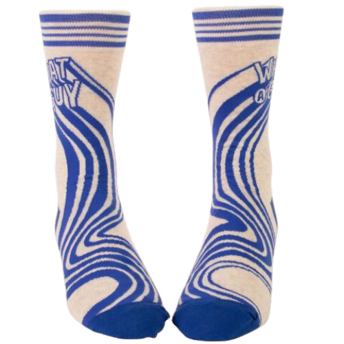 What a guy Men's Socks. Super cool blue lines in swirls with a cream back ground.