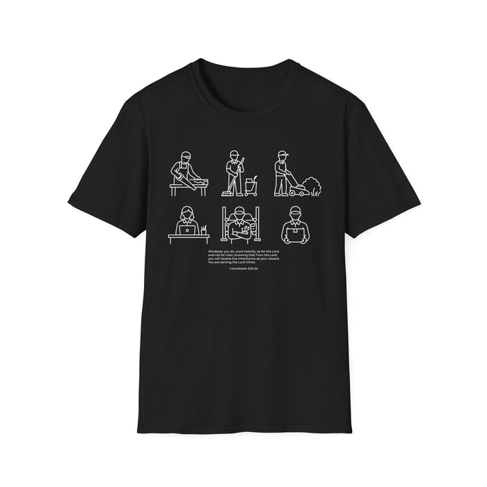 “Whatever You Do, Work Heartily” Minimalist White ink Jobs Tee