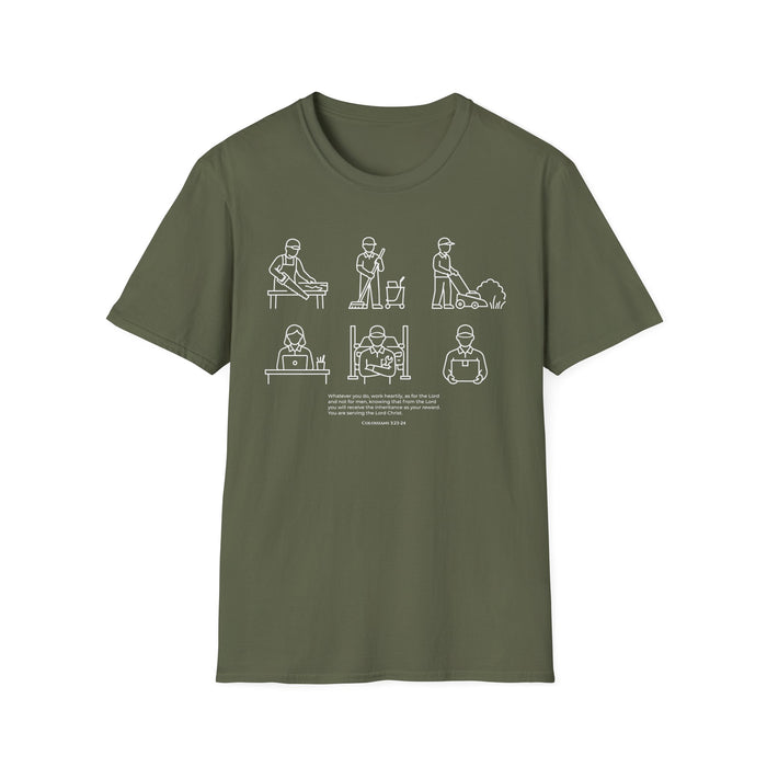 “Whatever You Do, Work Heartily” Minimalist White ink Jobs Tee