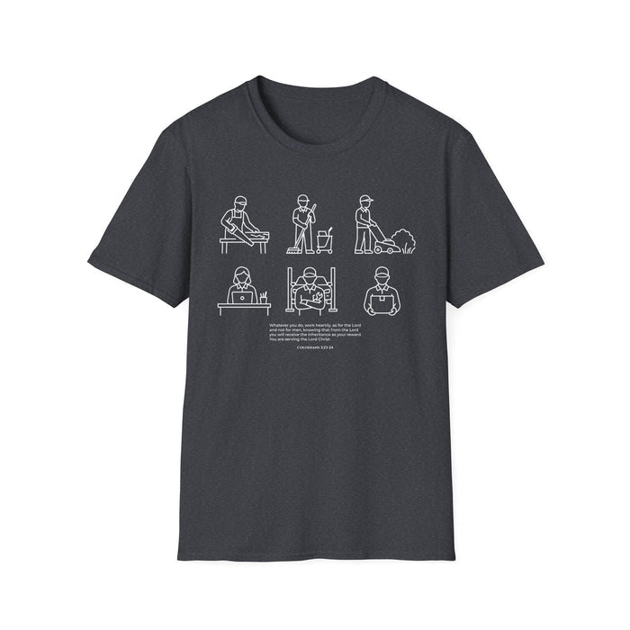 “Whatever You Do, Work Heartily” Minimalist White ink Jobs Tee