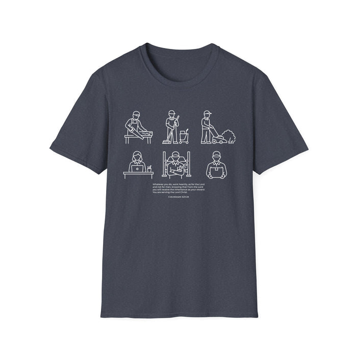 “Whatever You Do, Work Heartily” Minimalist White ink Jobs Tee