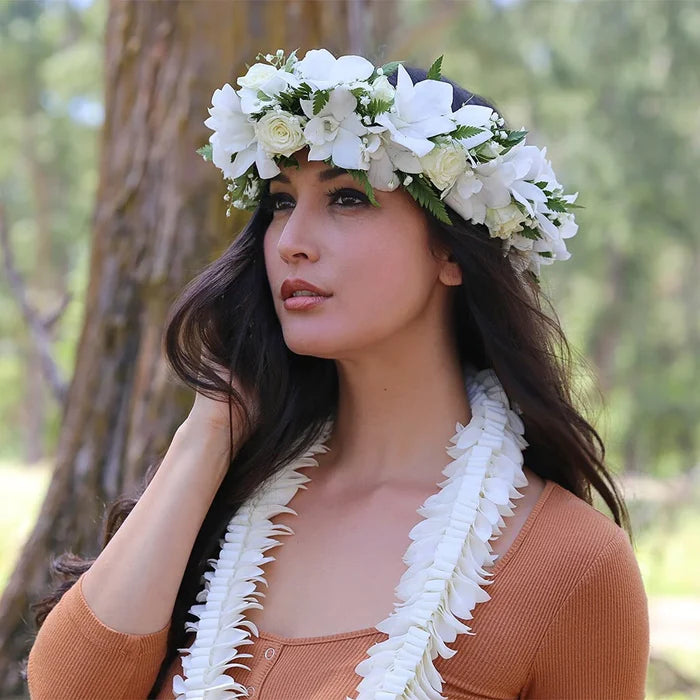 Handcrafted White Orchid Haku Lei traditional Hawaiian flower crown for weddings and graduation.