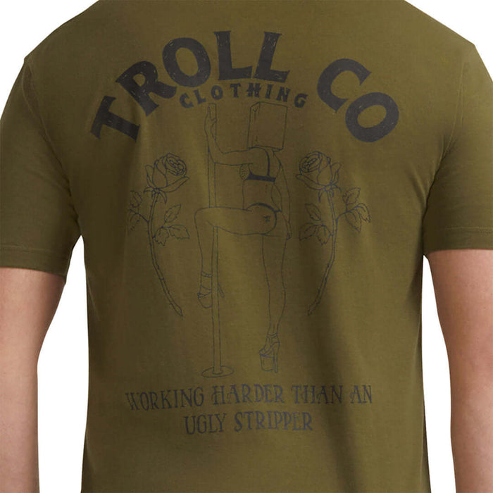 Troll Co. WHUS Butterface tee in military green, alternate view of the print