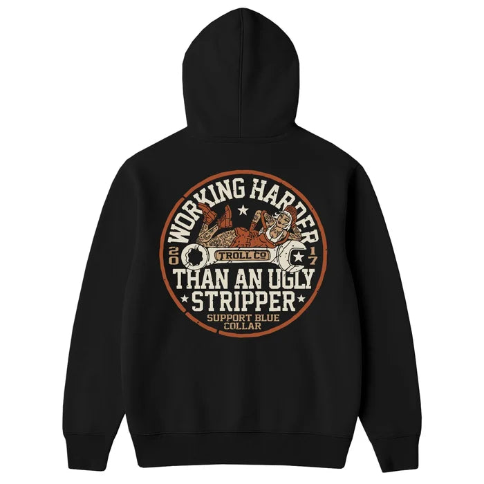 Back view of the Troll Co. WHUS Poser hooded sweatshirt in black