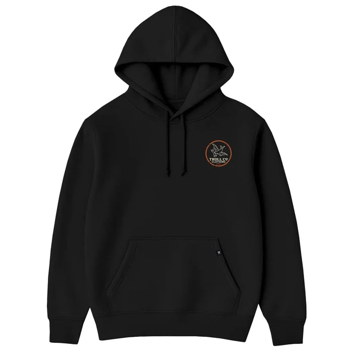 Front view of the Troll Co. WHUS Poser hooded sweatshirt in black