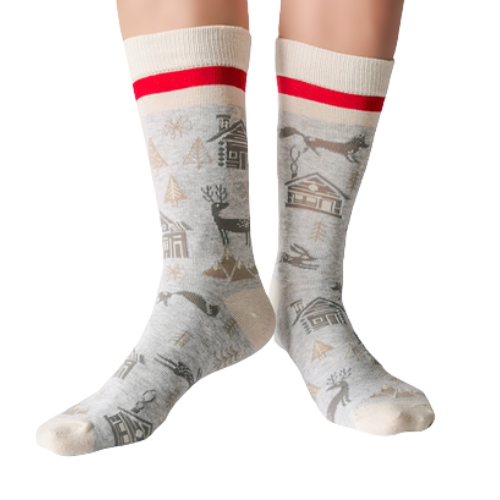 Winter Wonderland Women's Crew New Socks. Size Women's shoe size 6-9 Men’s shoe size 4-7 EUR 37-41 ──────────────── Materials & Attributes 70% Combed Cotton, 28% Nylon and 2% Spandex. Reinforced stitching on toe to protect from wear.   ──────────────── Care Machine wash and hang to dry.  Do not iron or bleach.