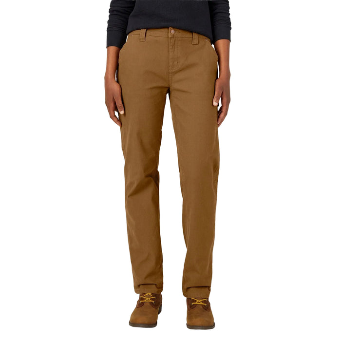 Dickies women's carpenter pant in brown duck canvas, front view with hammer loop