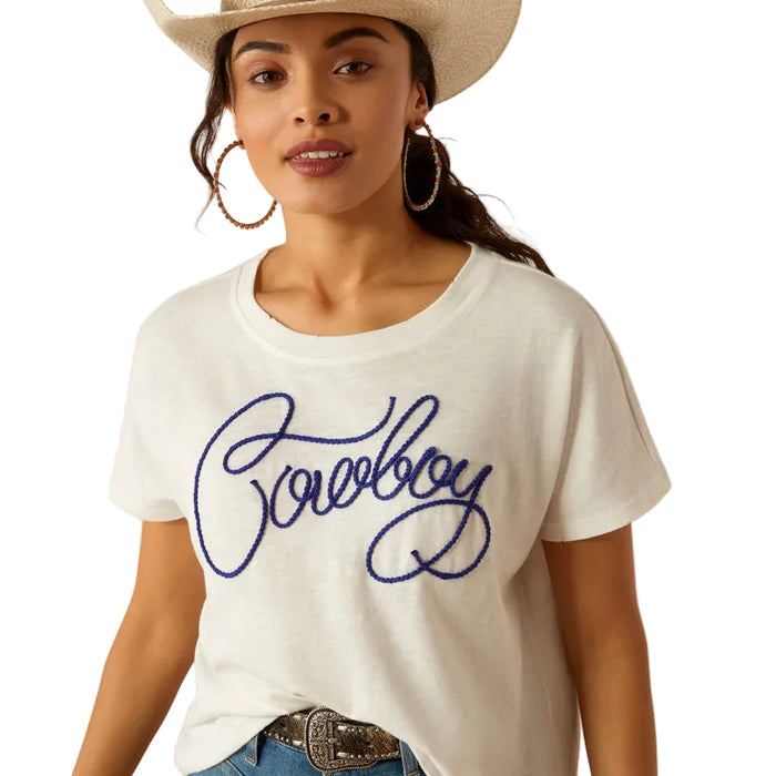 Ariat women's Cowboy crop tee in cloud dancer, detail of the graphic