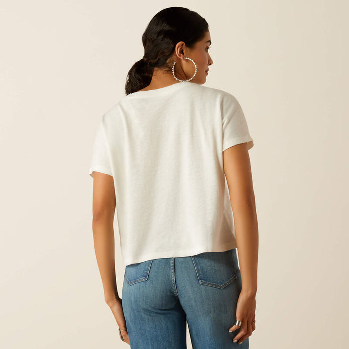 Ariat women's Cowboy crop tee in cloud dancer, back view