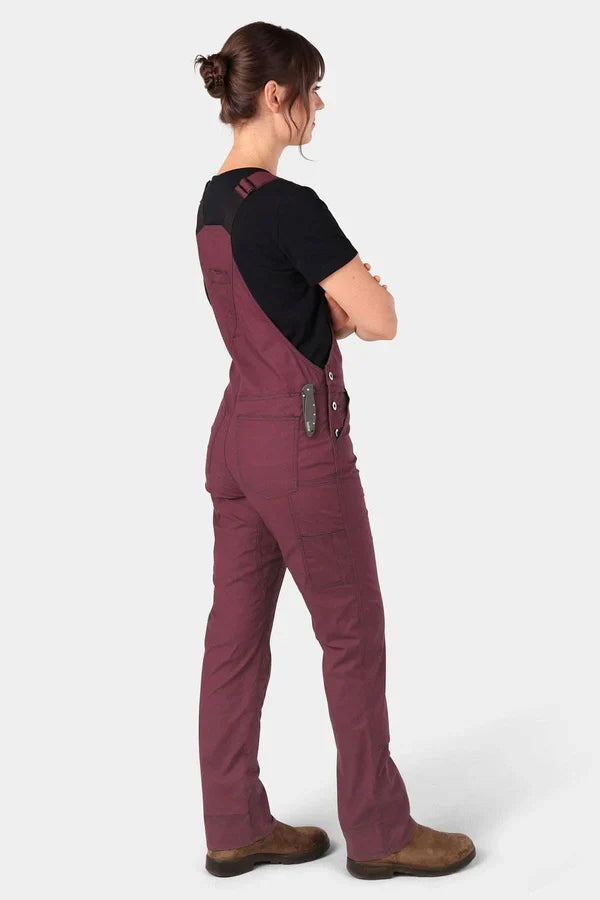 Women's Freshley ripstop bib overalls by Dovetail in elderberry maroon, alternate view