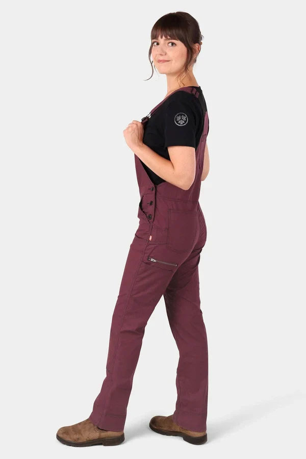 Women's Freshley ultralight bib overalls by Dovetail in elderberry maroon, additional view