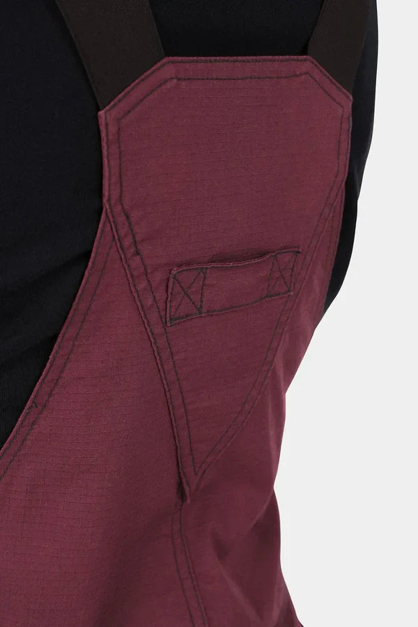 Women's Freshley bib overalls by Dovetail in elderberry maroon, view of the ripstop fabric