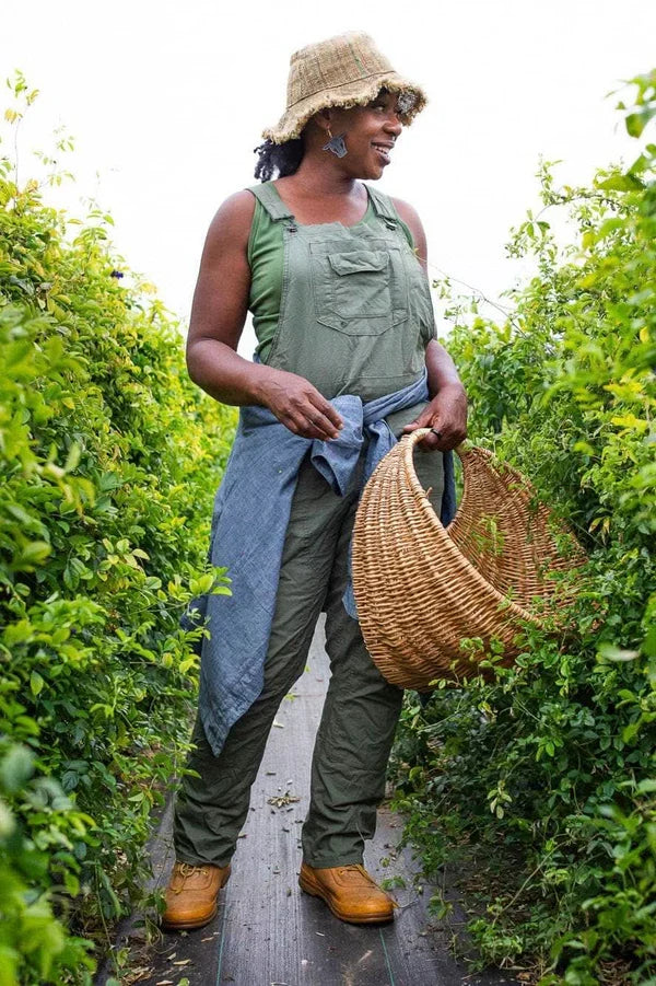 Women's Freshley ultralight ripstop bib overalls by Dovetail in lichen green, further view
