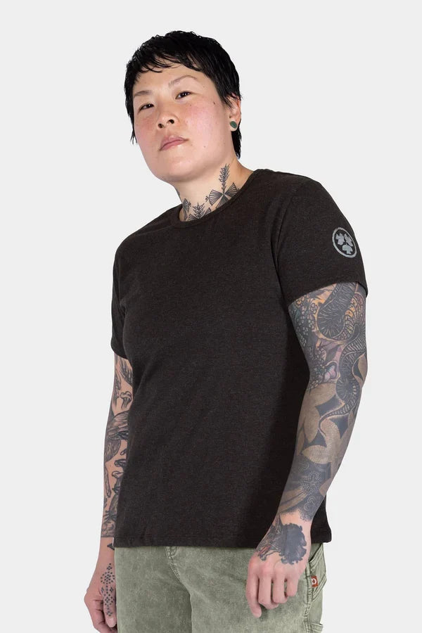 Women's crew neck work tee by Dovetail in black, main product view of the short sleeve tee