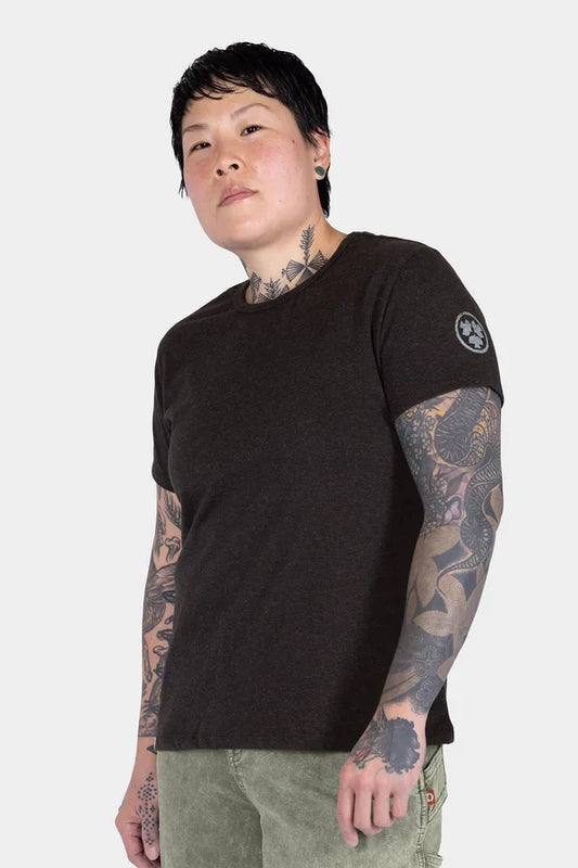 Women's crew neck work tee by Dovetail in black, main product view of the short sleeve tee