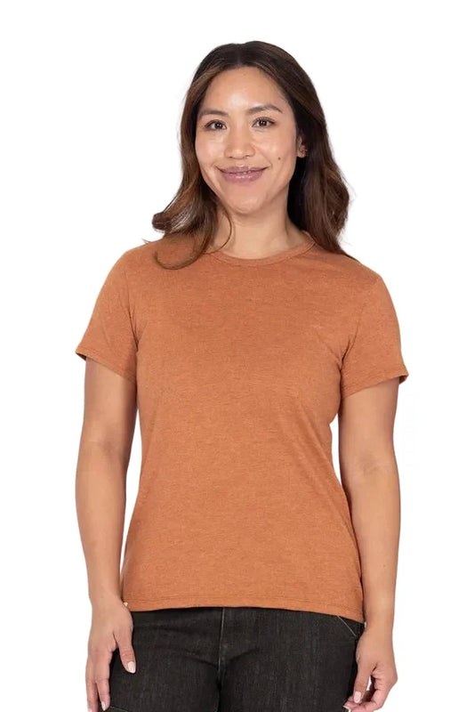Women's crew neck work tee by Dovetail in faded paprika, main product view of the short sleeve tee