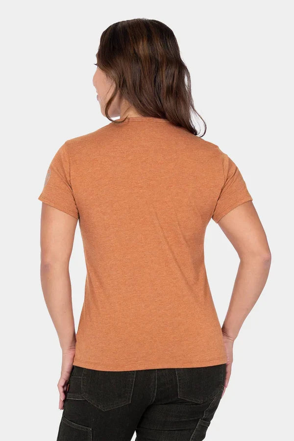 Women's crew neck work tee by Dovetail in faded paprika, alternate product view of the garment
