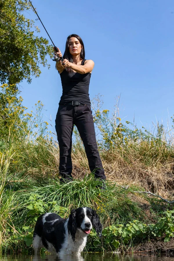 Women's GO TO canvas work pant by Dovetail in carbon black, view of the durable canvas fabric