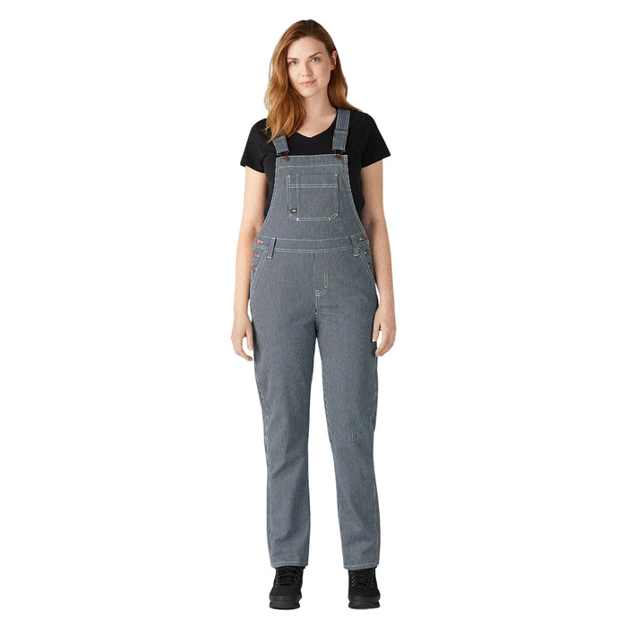 Dickies women's boyfriend fit bib overall in stonewashed hickory stripe, front view