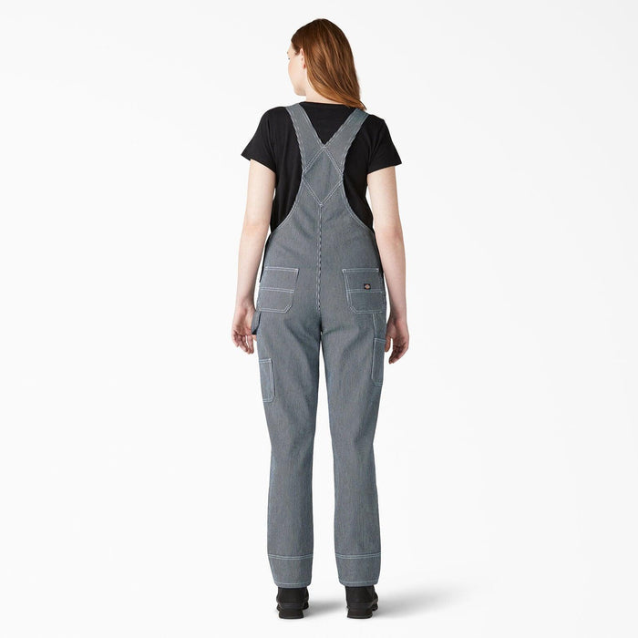 Back view of the Dickies women's hickory stripe boyfriend fit bib overall