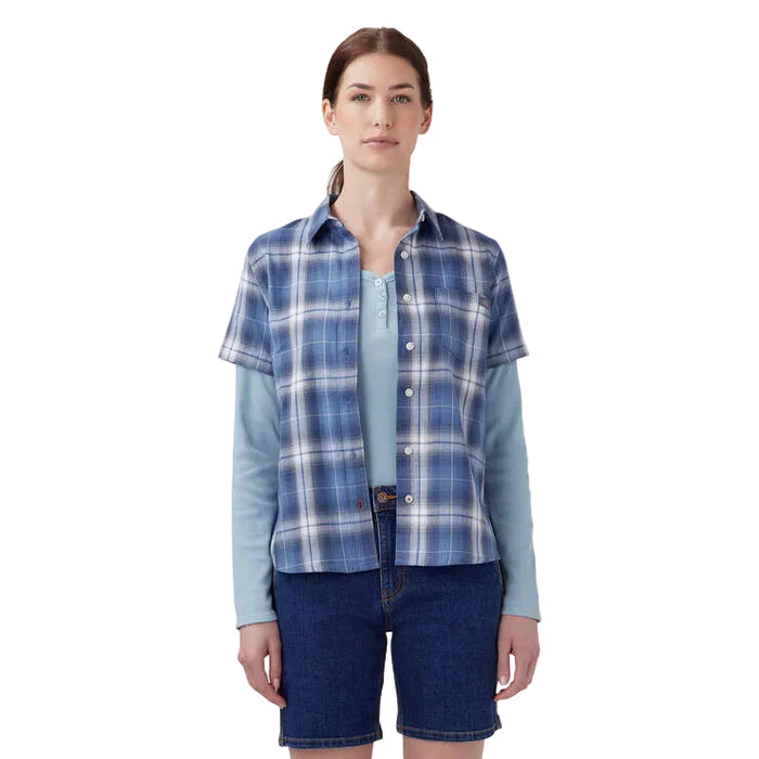 Dickies women's plaid woven shirt in blue herringbone plaid, front view