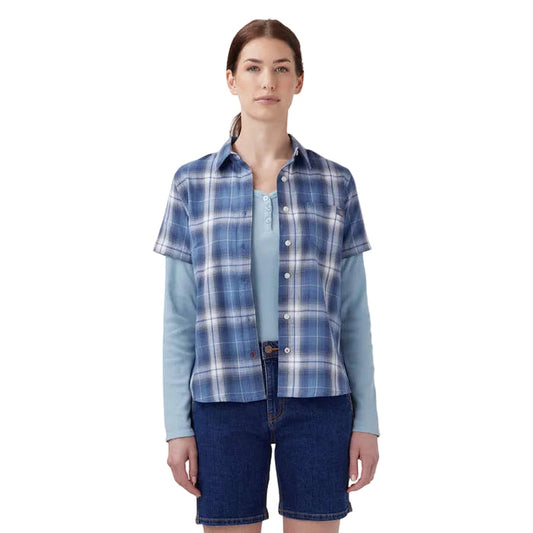 Dickies women's plaid woven shirt in blue herringbone plaid, front view