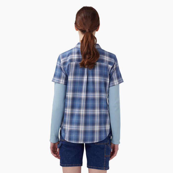 Dickies women's blue herringbone plaid woven shirt, back view