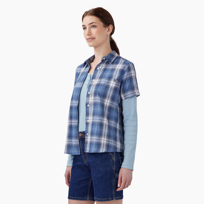 Dickies women's blue herringbone plaid shirt, detail view of the cuff and placket