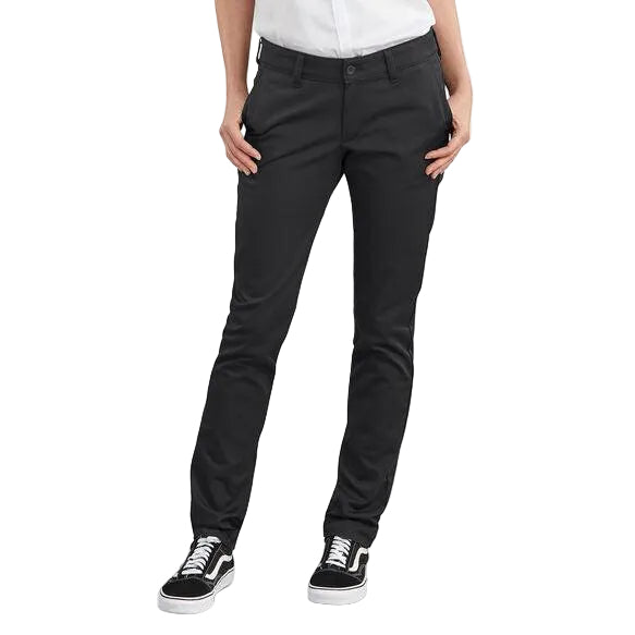 Dickies women's slim fit twill work pant in rinsed black, front view