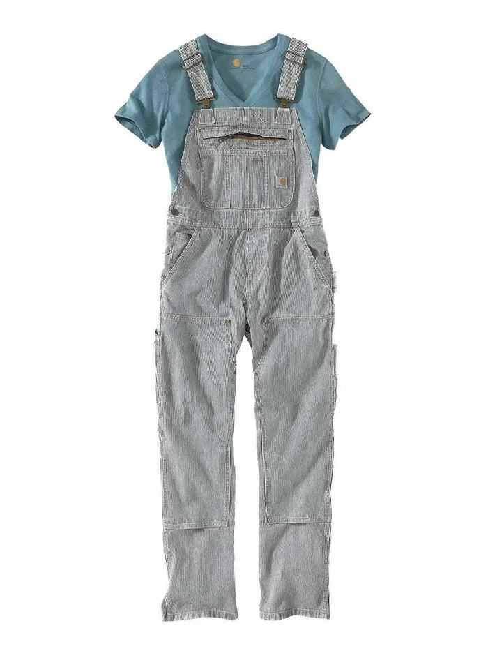 Carhartt Women's striped railroad bib overalls, front product view of the garment
