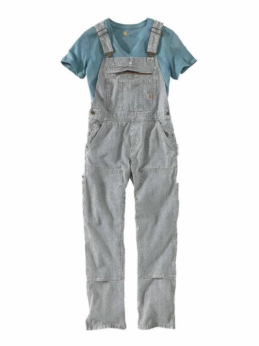 Carhartt Women's striped railroad bib overalls, front product view of the garment