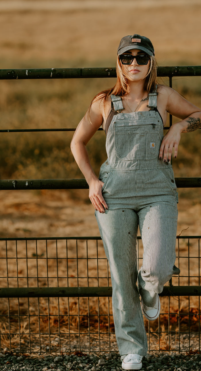 Carhartt Women's striped railroad overalls, alternate product view of the overalls