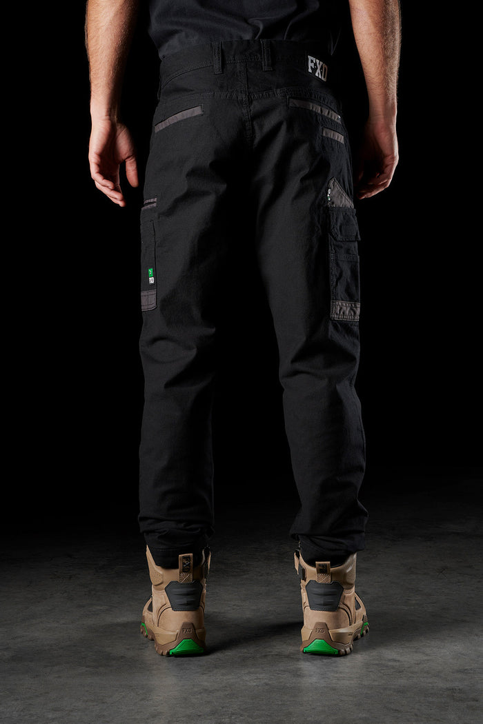 FXD WP3 black cargo pant, further view of the leg and reinforced hem