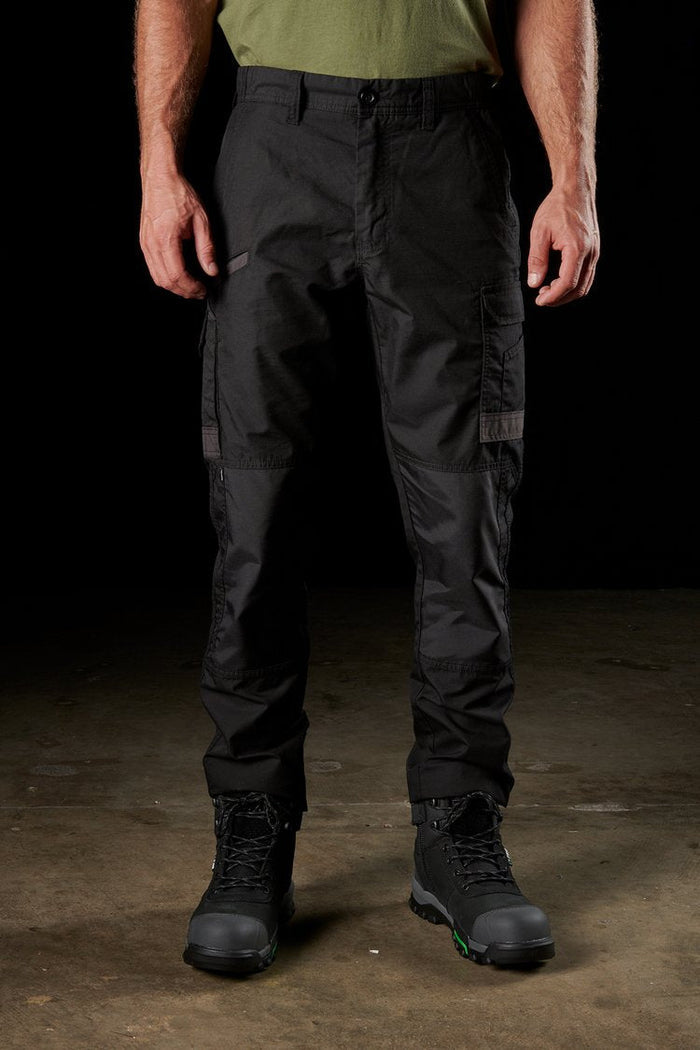 Front view of the FXD WP5 slim fit stretch cargo work pant in black
