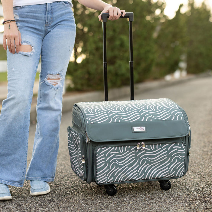 XL 4 Wheel Collapsible Deluxe Rolling Sewing Machine Storage Case, Grey & White