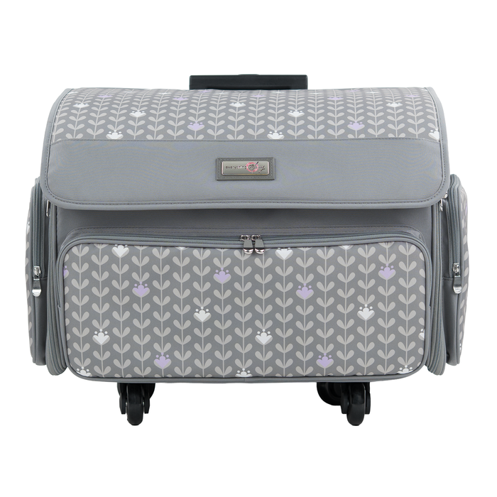 XL 4 Wheel Collapsible Deluxe Rolling Sewing Machine Storage Case, Purple Floral
