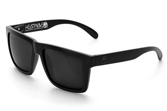 Angled view of the Heat Wave XL Vise Z87 sunglasses, black frame with polarized black lens