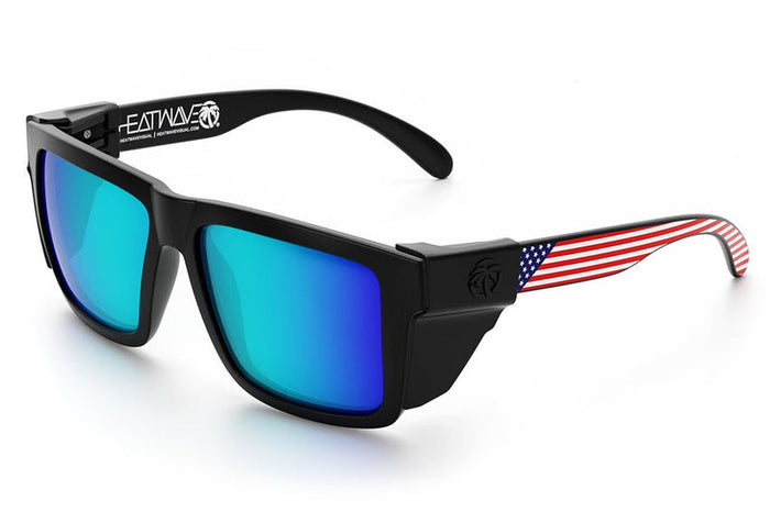 Angled view of the Heat Wave XL Vise USA Galaxy Blue Z87 sunglasses with black temples