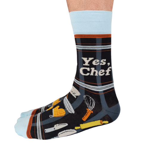 Custom 'Yes Chef' socks with a fun design, ideal for chefs and food enthusiasts who love to cook in style.