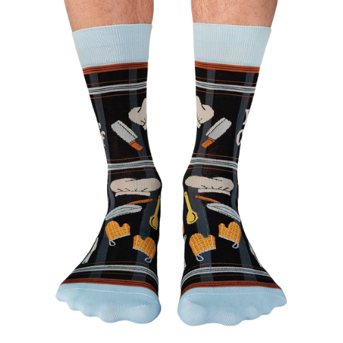 Custom 'Yes Chef' socks with a fun design, ideal for chefs and food enthusiasts who love to cook in style.