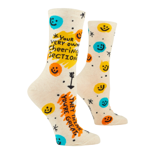 Blue Q W-Crew socks with the message "Your Very Own Cheering Section. They Think You're Great," designed to spread positivity and encouragement with every wear.