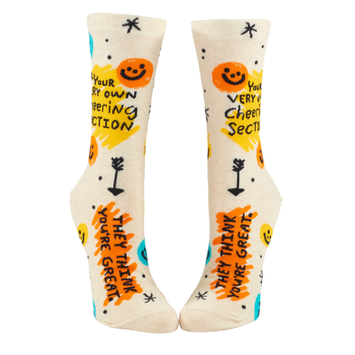 Blue Q W-Crew socks with the message "Your Very Own Cheering Section. They Think You're Great," designed to spread positivity and encouragement with every wear.