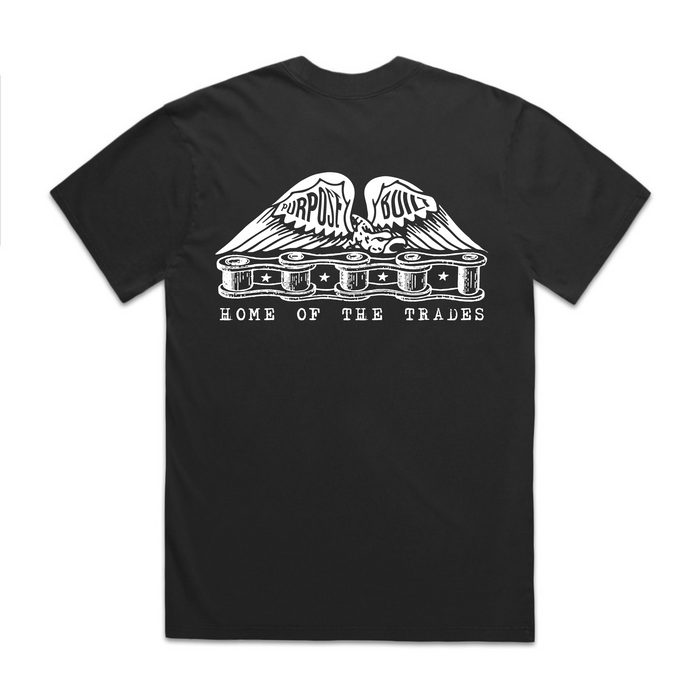 Youth Chain of Labor short sleeve graphic tee in black, main product view of the front print